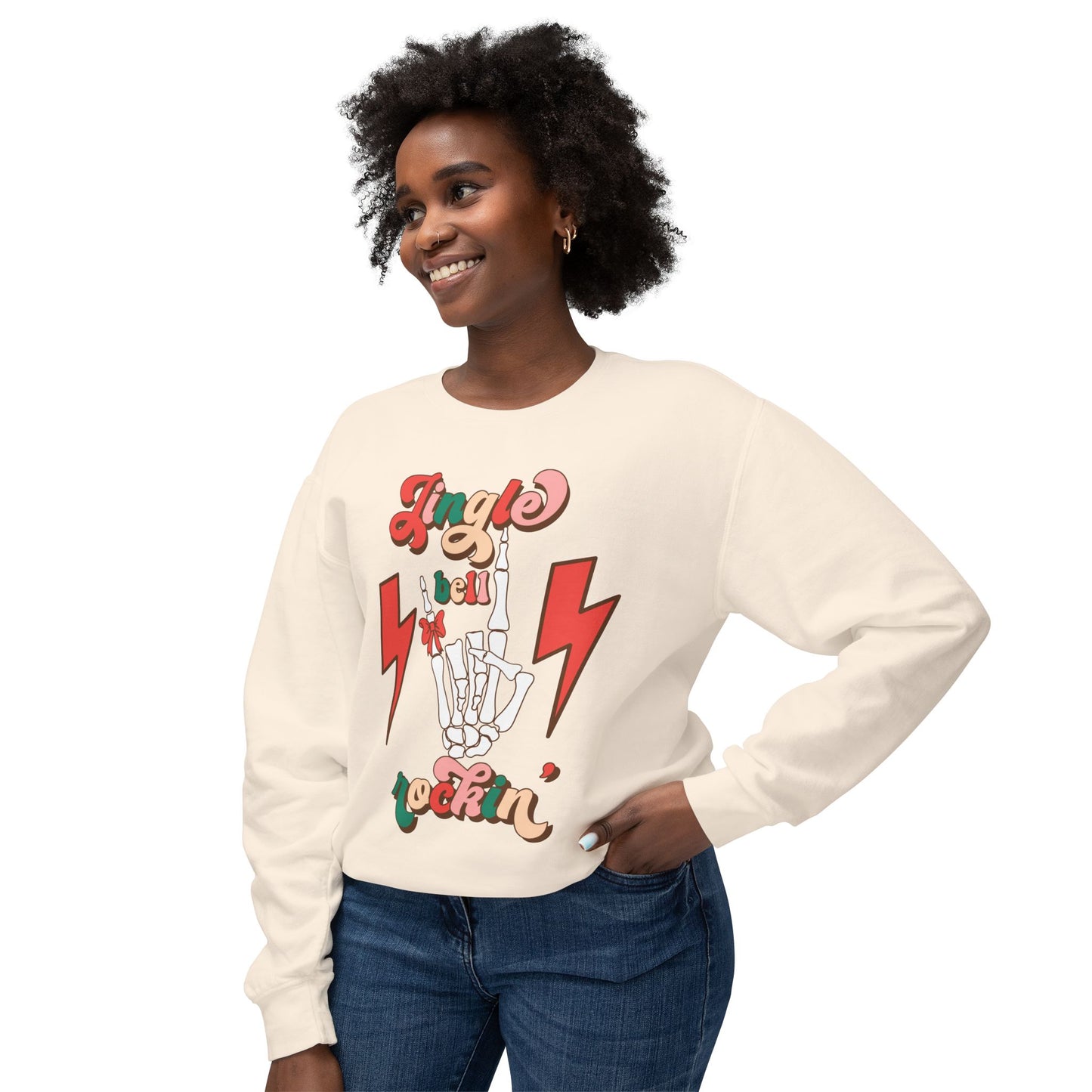 Jingle Bell Rockin Skull Hand Lightweight Sweatshirt Christmas Sweater Gift Holiday Gift Idea