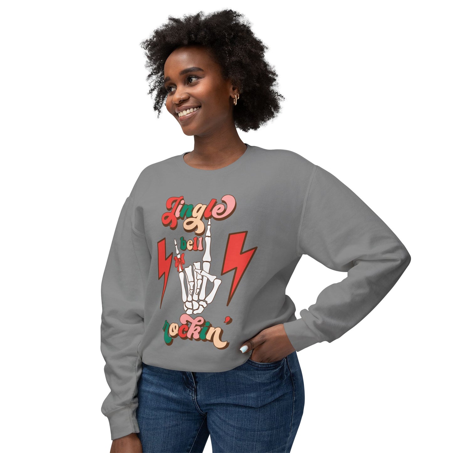 Jingle Bell Rockin Skull Hand Lightweight Sweatshirt Christmas Sweater Gift Holiday Gift Idea