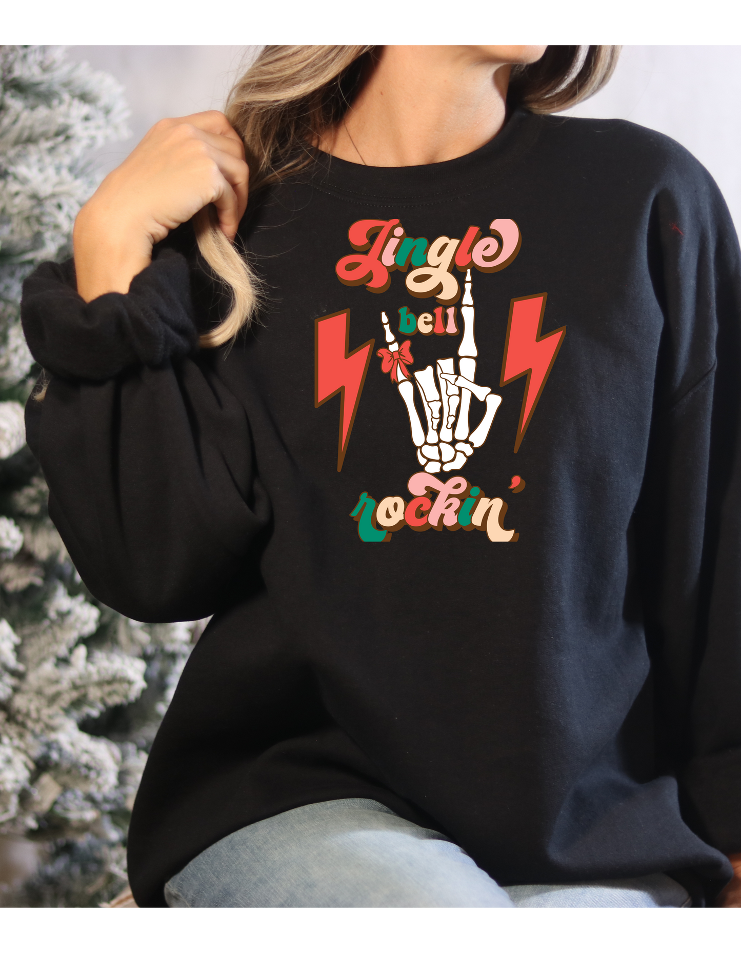 Jingle Bell Rockin Skull Hand Lightweight Sweatshirt Christmas Sweater Gift Holiday Gift Idea