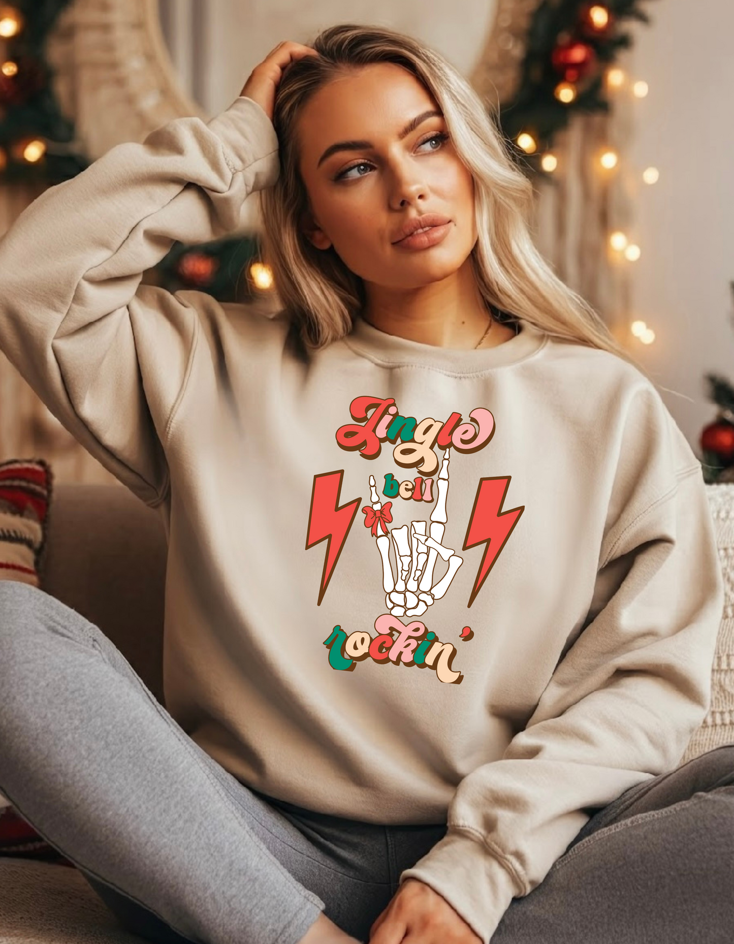 Jingle Bell Rockin Skull Hand Lightweight Sweatshirt Christmas Sweater Gift Holiday Gift Idea