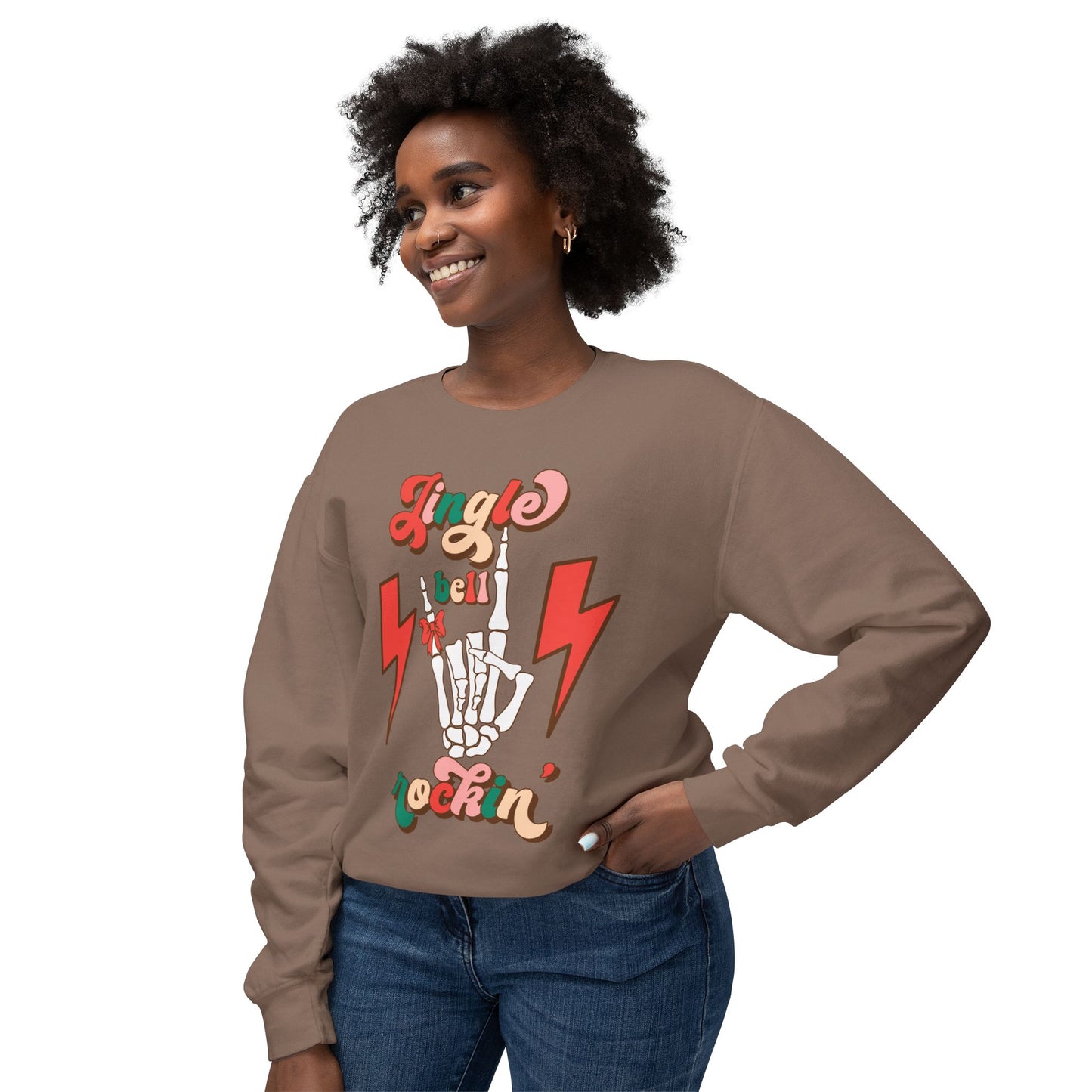 Jingle Bell Rockin Skull Hand Lightweight Sweatshirt Christmas Sweater Gift Holiday Gift Idea